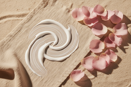 Gentle sunscreen cream swirl for sensitive skin beside soft pink rose petals on cream linen