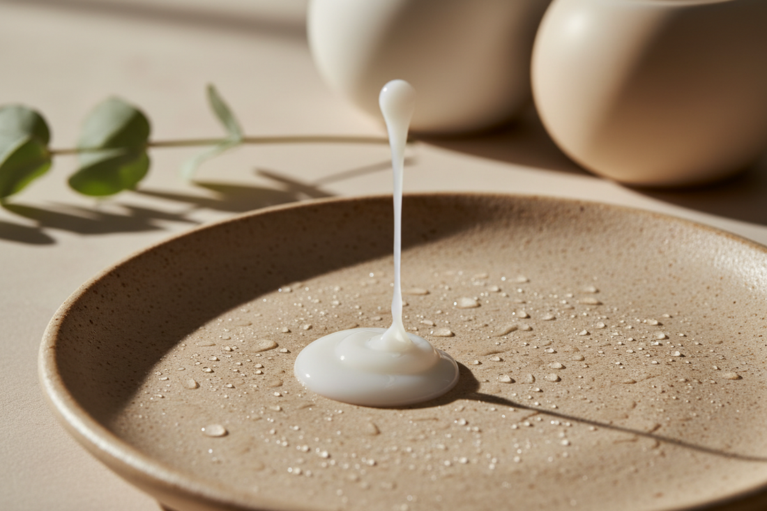 Lightweight non-greasy sunscreen lotion pouring onto a beige ceramic dish with dewy droplets