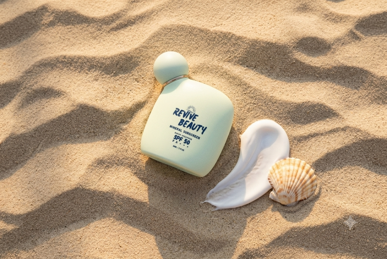 Revive Beauty mineral sunscreen bottle resting on sand next to a swirl of sunscreen cream and a seashell